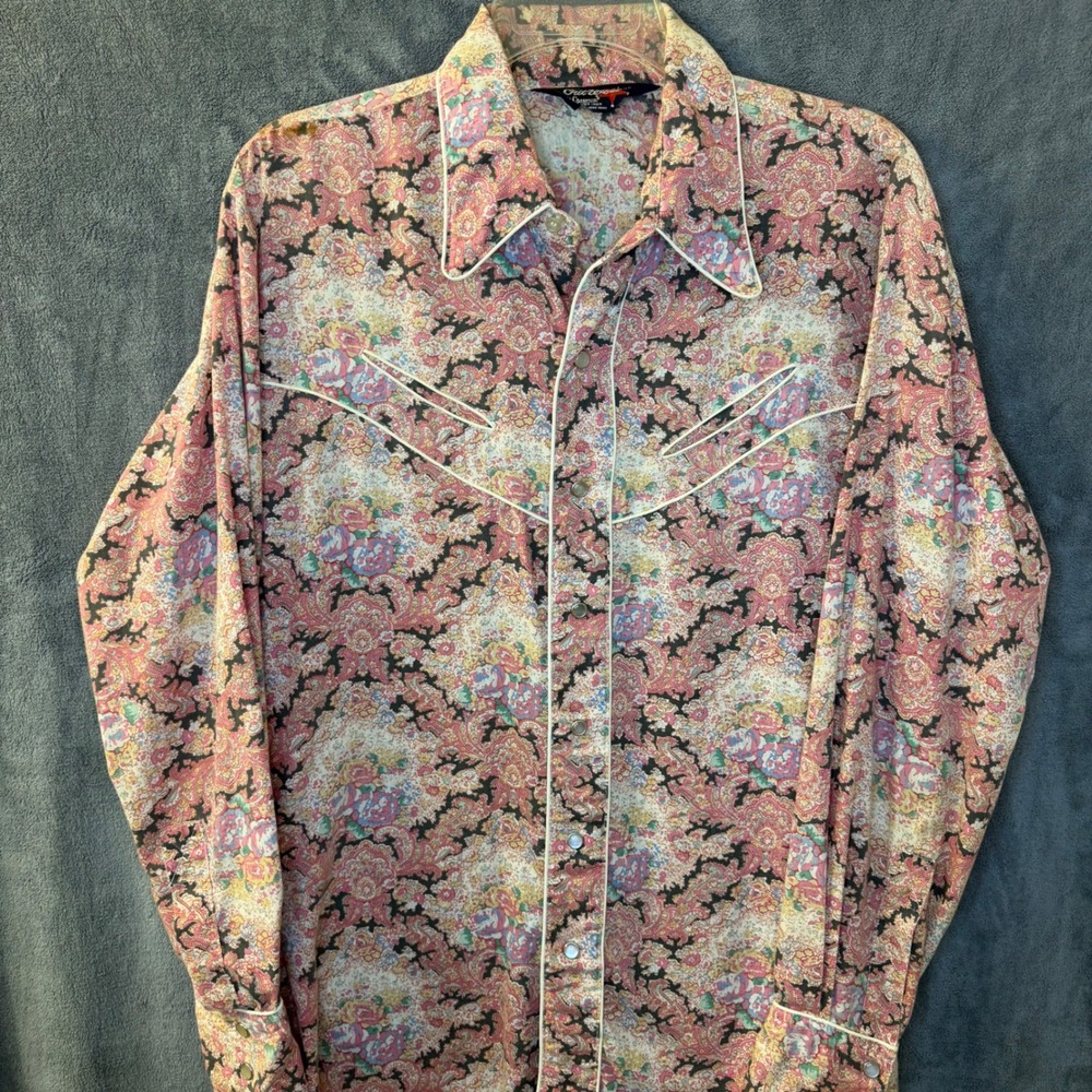 VTG 70s Out West Mens Medium Slim Paisley Pink Floral Western Pearl Snap Shirt